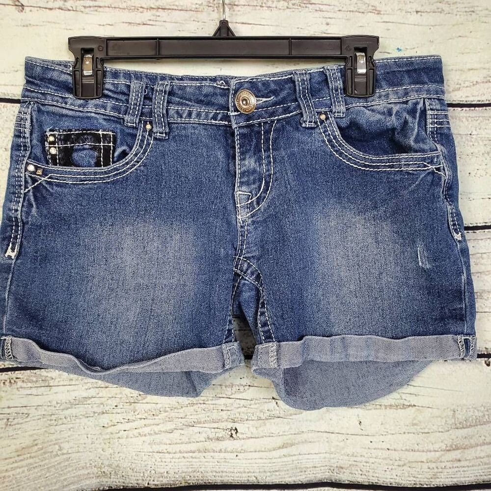 Amethyst Women’s Embellished Cuffed Denim Shorts Size 9 Mid Rise Stretch